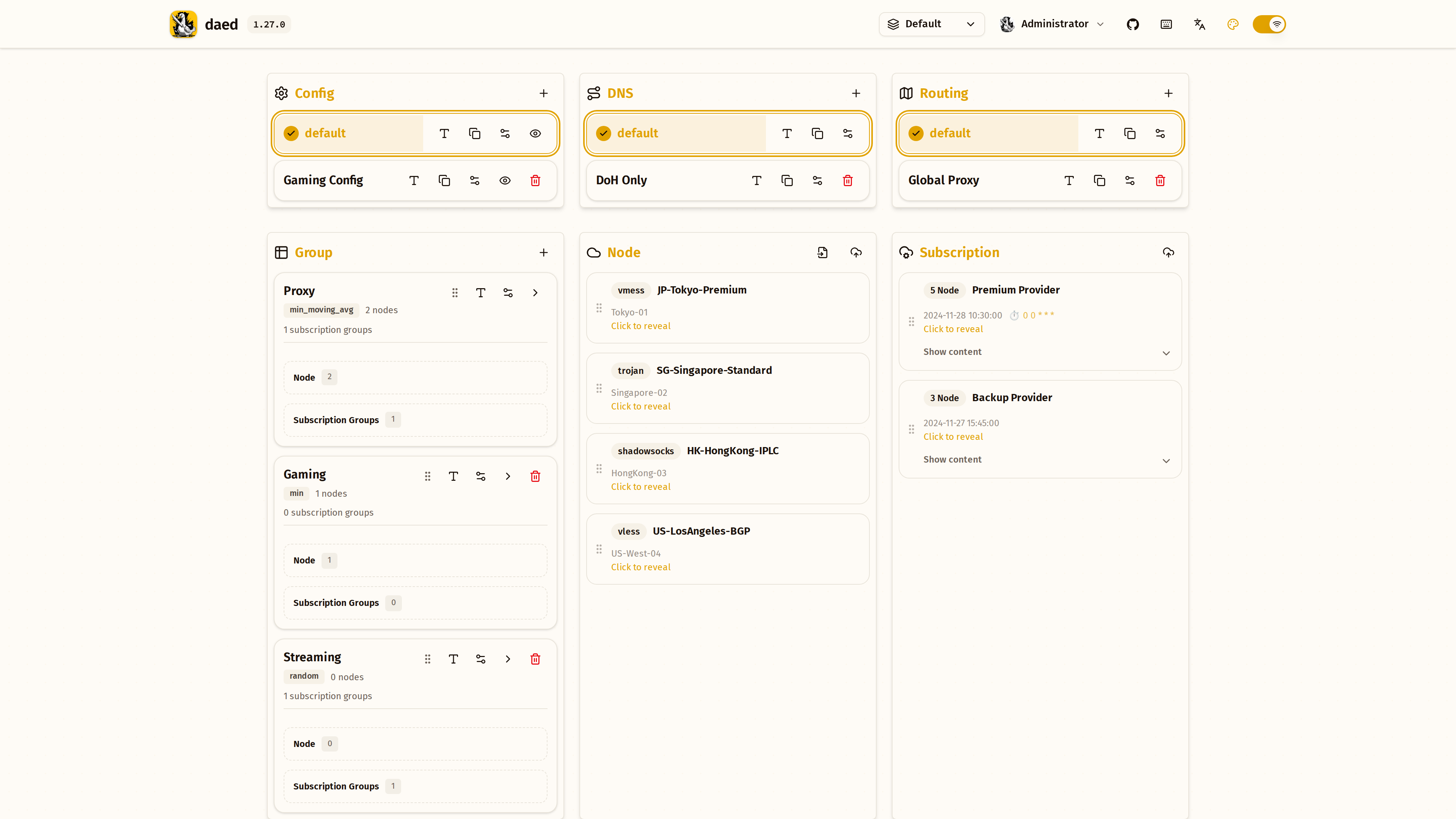 daed dashboard: config, DNS, routing, groups, nodes and subscriptions